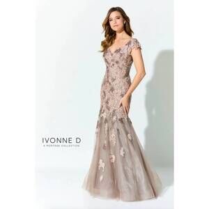 NEW MON CHERI lace embroidered dress in mocha/stone